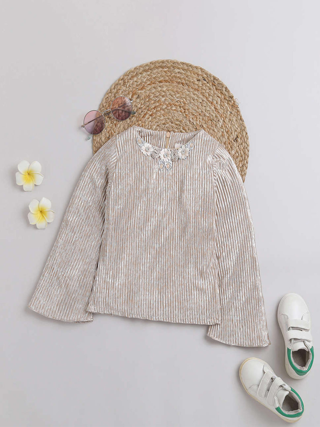 

Tiny Girl Vertical Striped Round Neck Top, Gold
