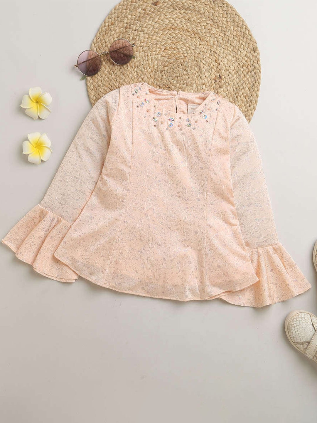 

Tiny Girl Abstract Printed Bell Sleeve A-Line Top, Peach