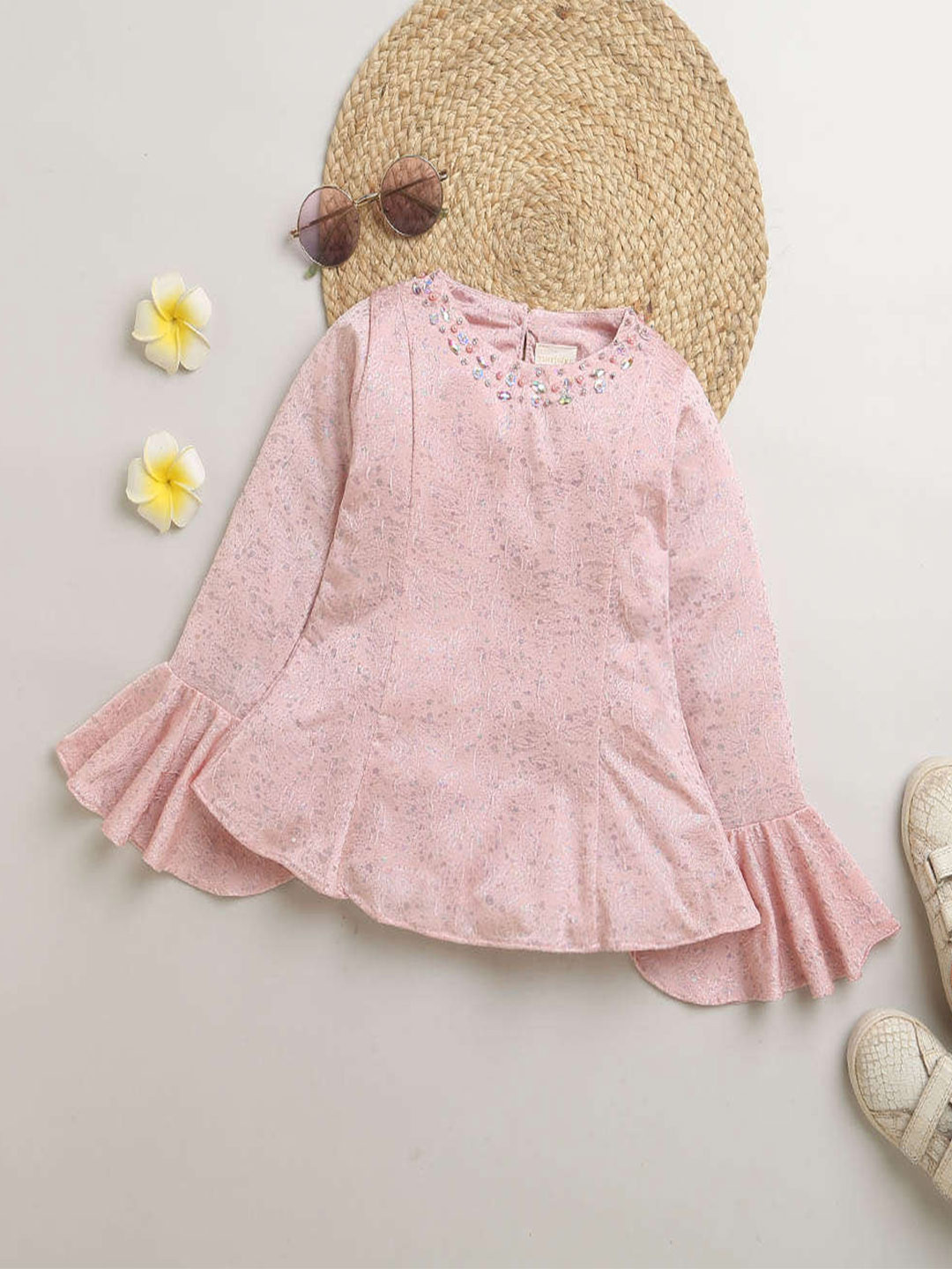 

Tiny Girl Abstract Printed Bell Sleeve A-Line Top, Pink
