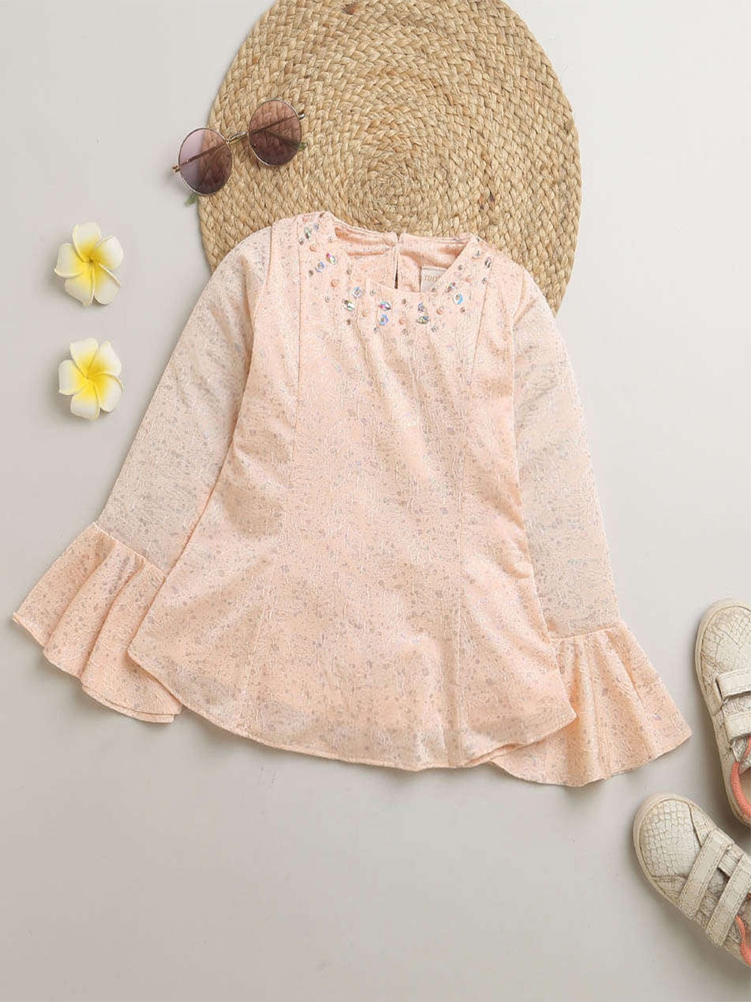 

Tiny Girl Abstract Printed Bell Sleeve A-Line Top, Peach