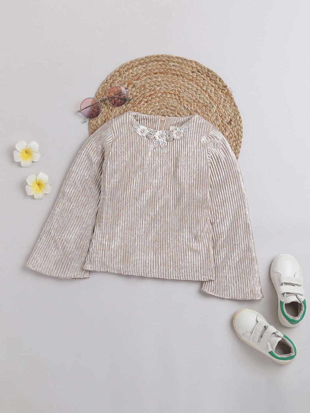 

Tiny Girl Vertical Striped Round Neck Top, Gold