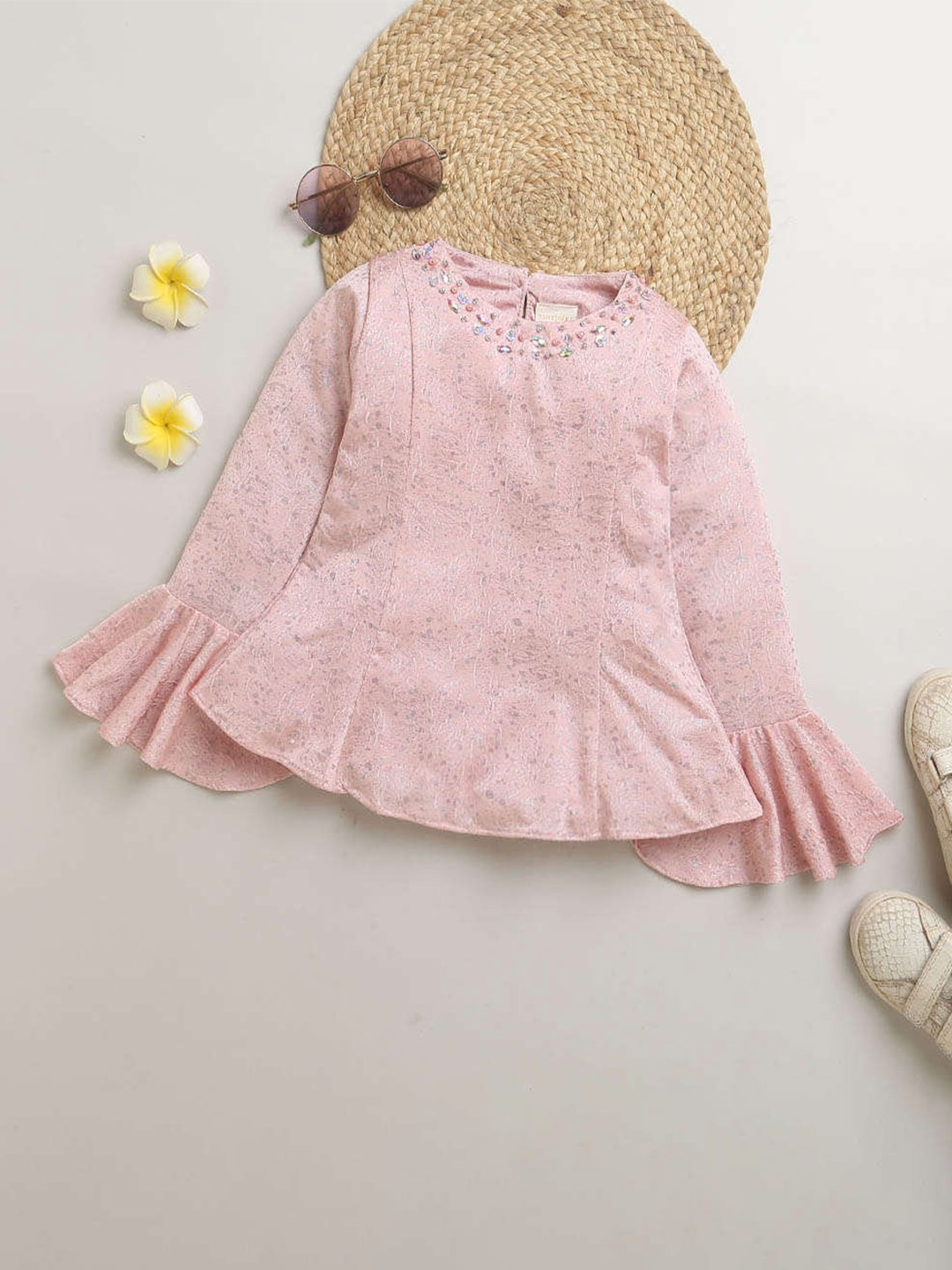 

Tiny Girl Abstract Printed Bell Sleeve A-Line Top, Pink