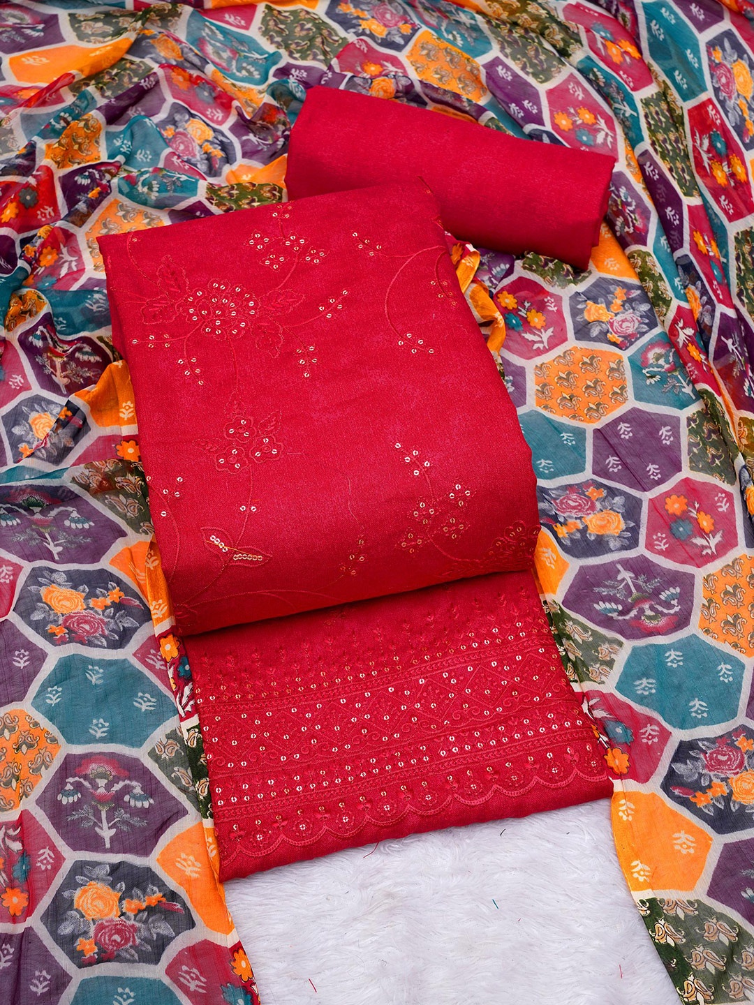 

KALINI Floral Embroidered Unstitched Dress Material, Red