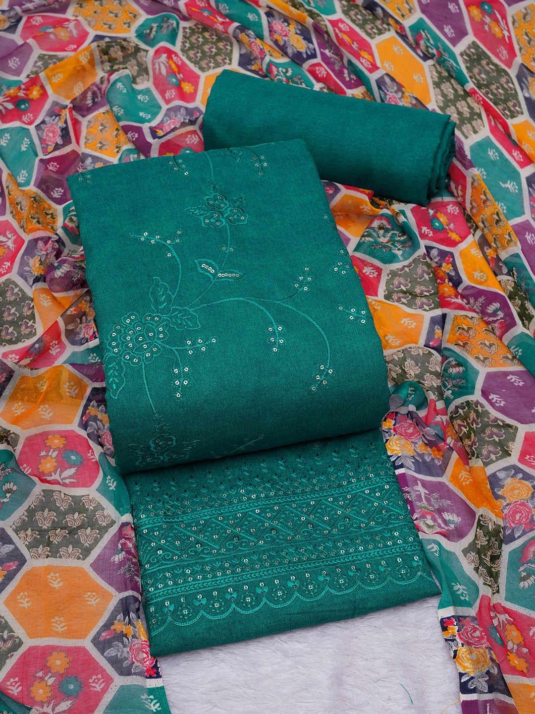 

KALINI Floral Embroidered Unstitched Dress Material, Teal