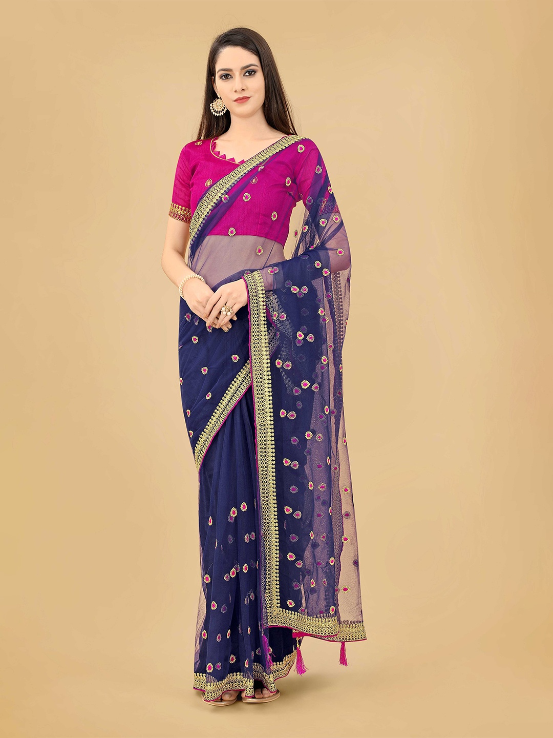 

poshvariety Embroidered Geometric Pure Silk Net Saree, Navy blue