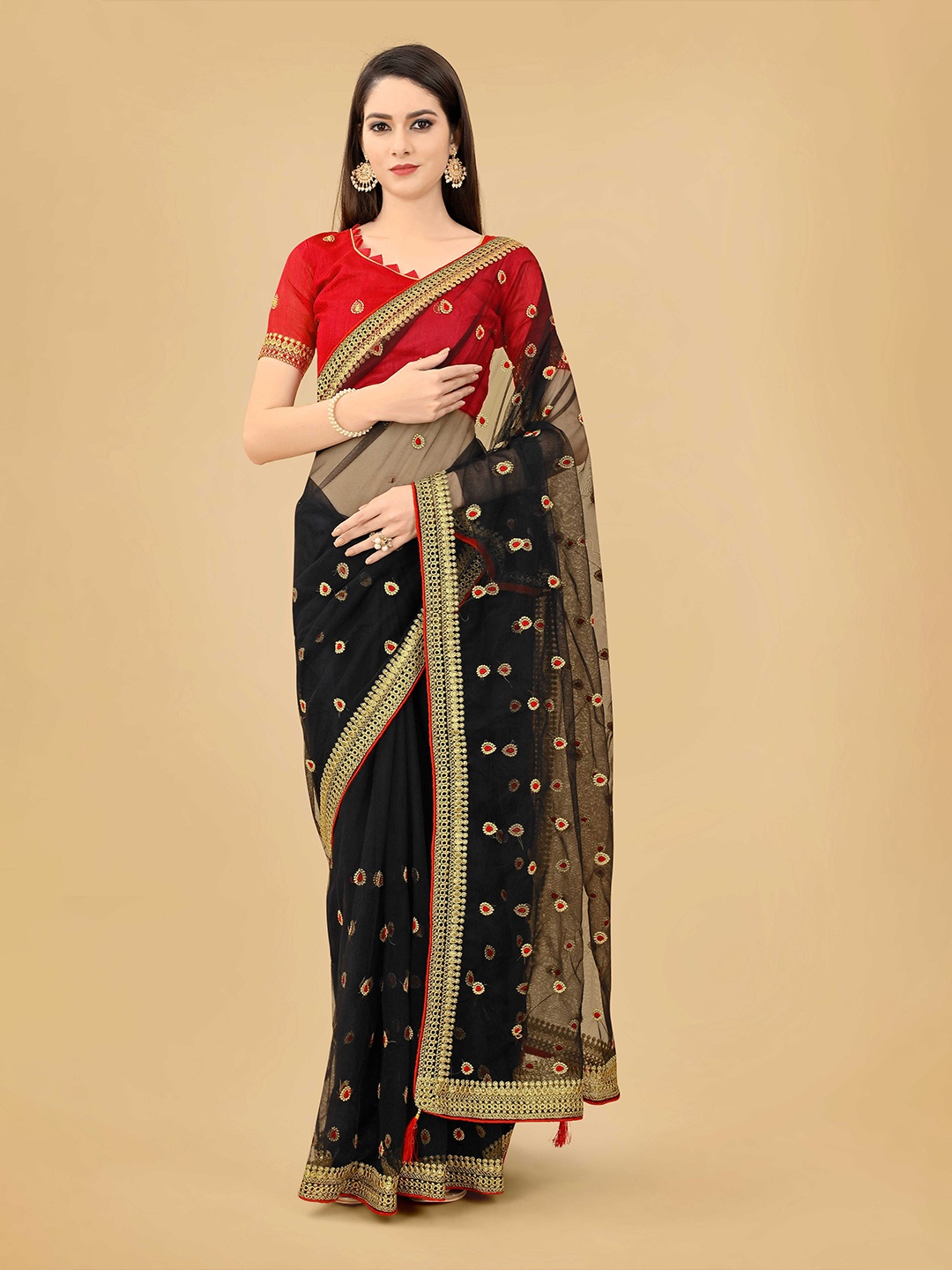 

poshvariety Embroidered Geometric Pure Silk Net Saree, Black