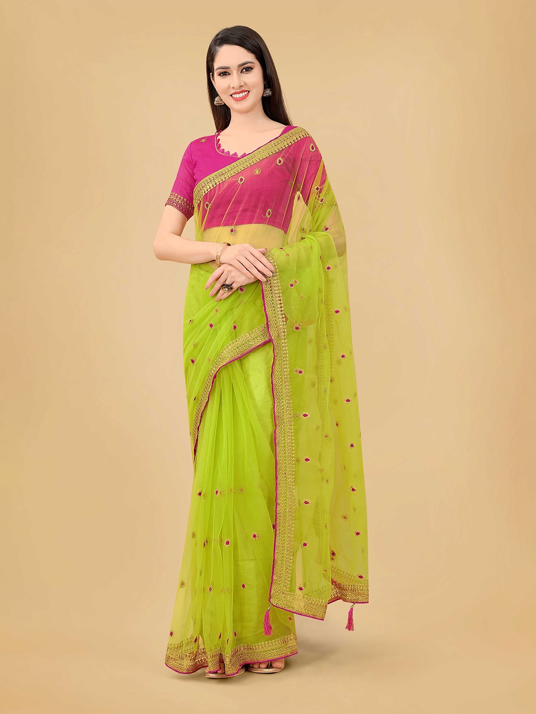 

poshvariety Embroidered Ethnic Motifs Pure Silk Net Saree, Green