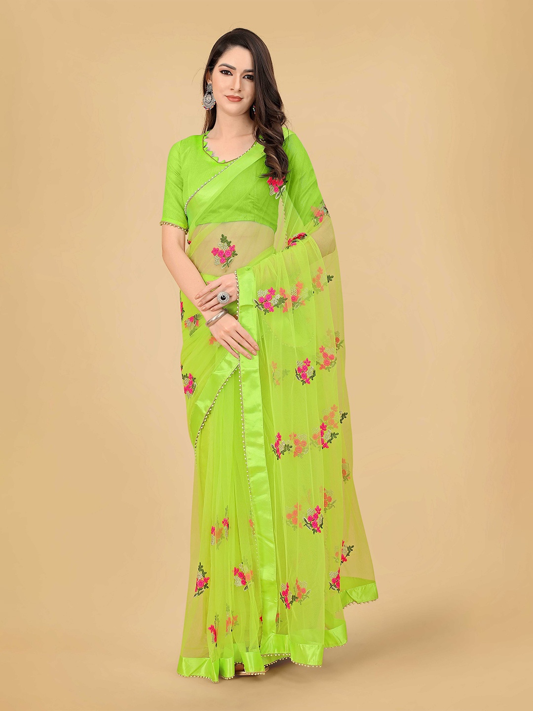 

poshvariety Floral Pure Silk Embroidered Net Saree, Green