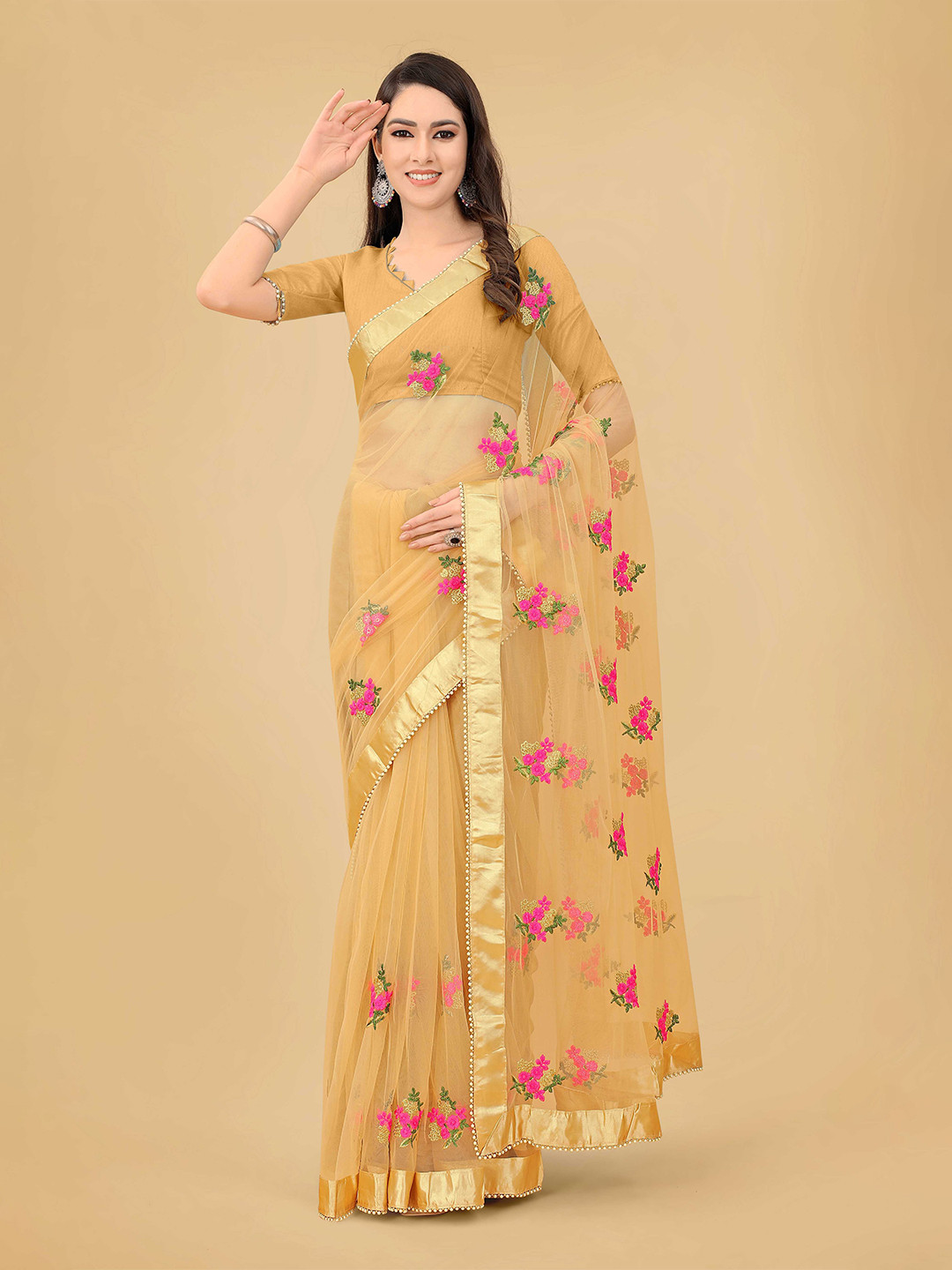 

poshvariety Floral Pure Silk Embroidered Net Saree, Yellow