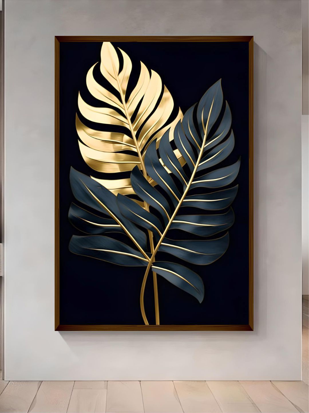 

The Art House Black & Golden Canvas Leaves Framed Painting Wall Art