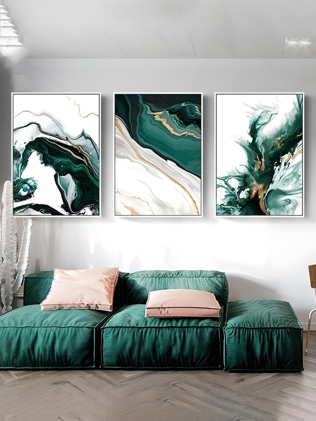 

The Art House 3 Pieces Green & White Abstract Canvas Painting Wall Art