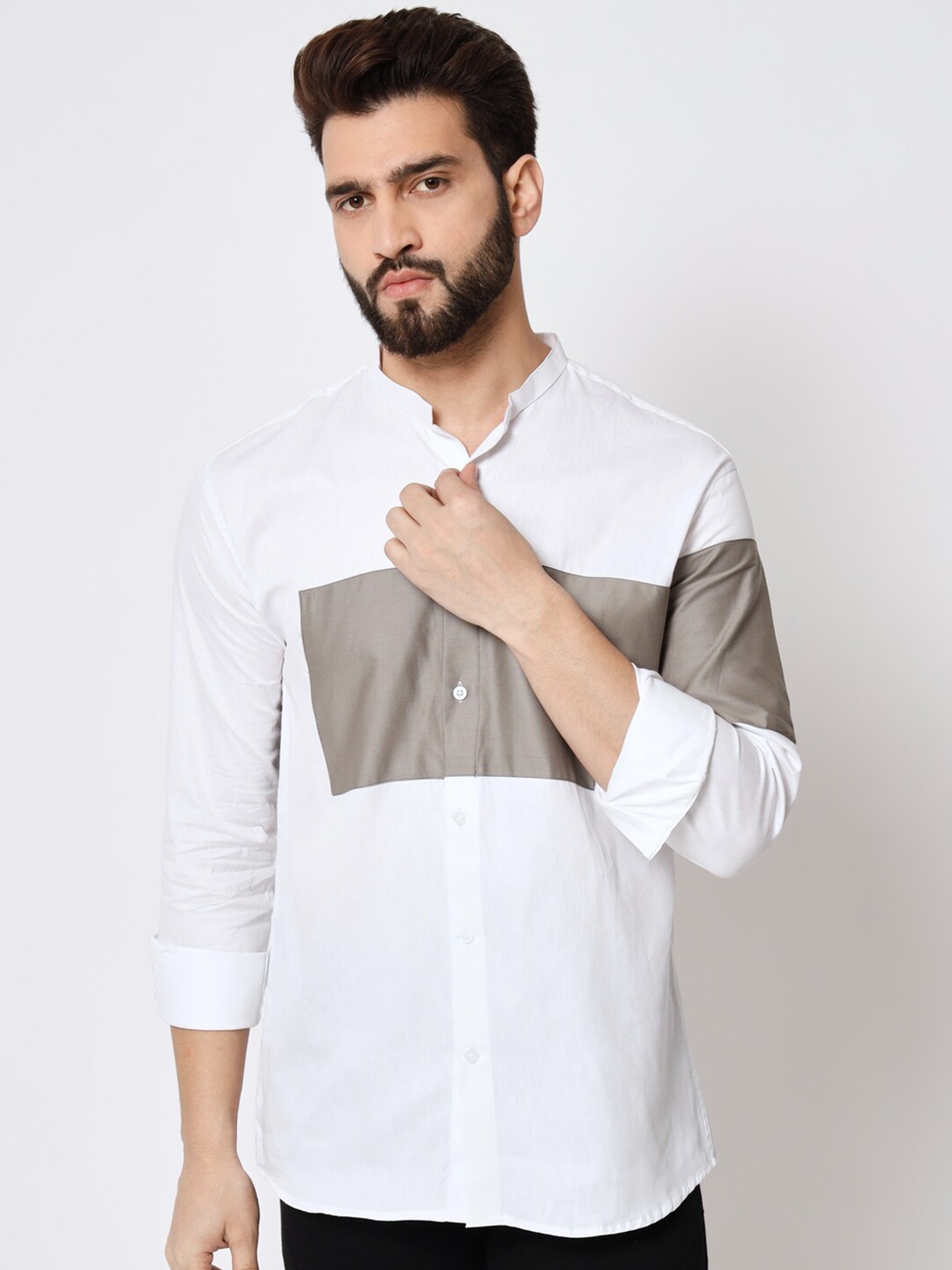 

GAINELL Mandarin Collar Modern Colourblocked Cotton Shirt, White