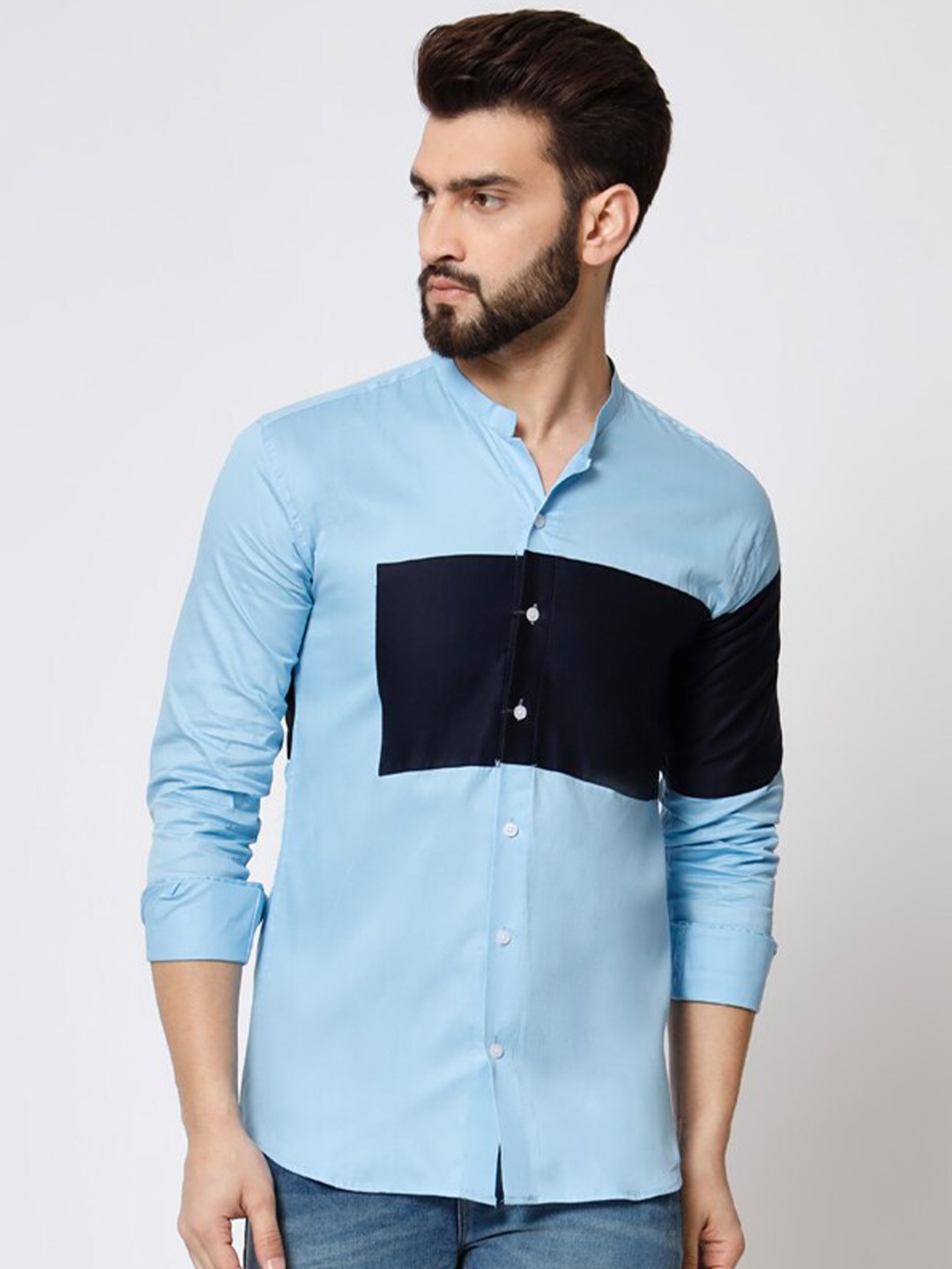

GAINELL Mandarin Collar Modern Colourblocked Cotton Shirt, Navy blue