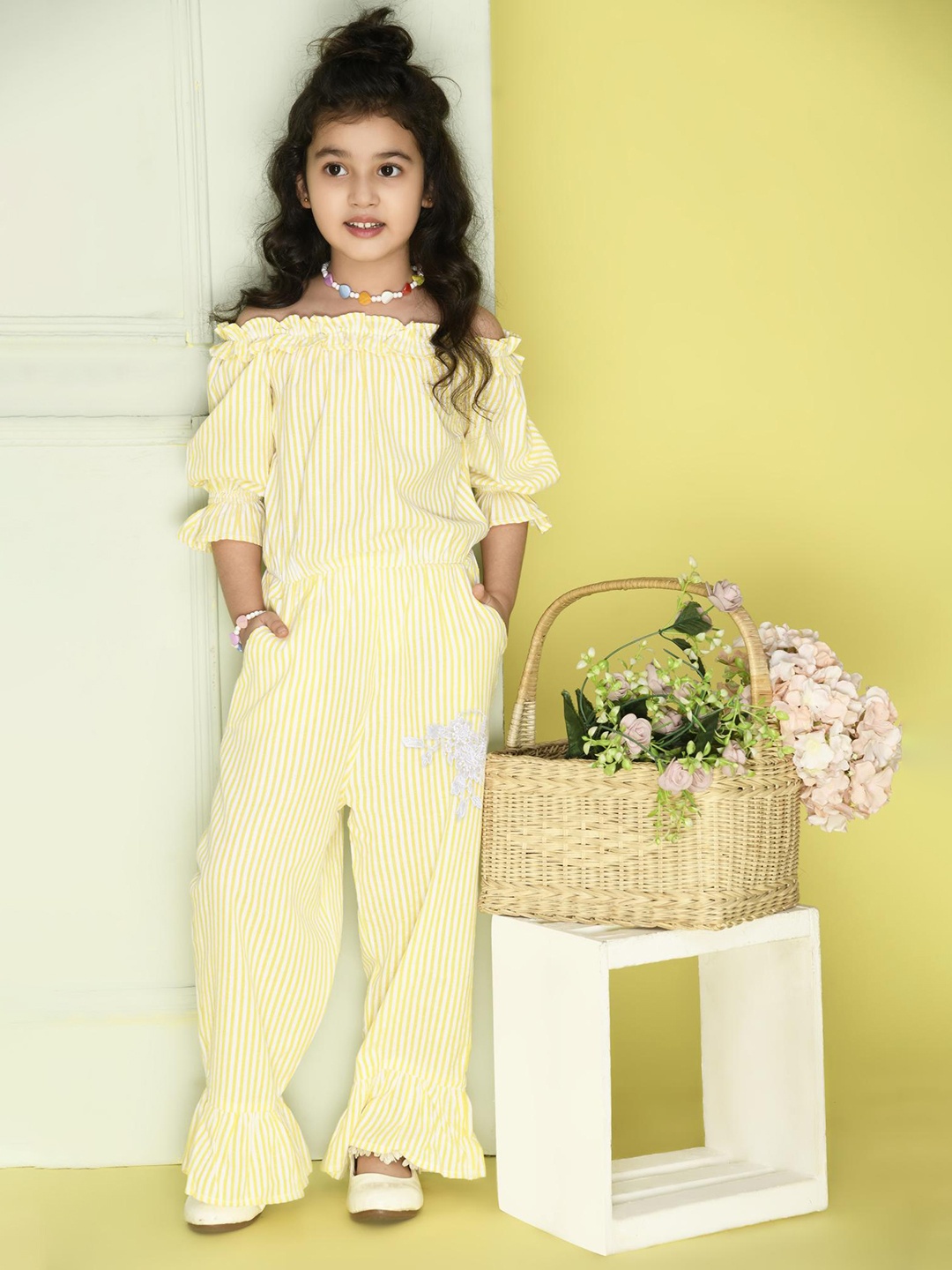

BAESD Girls Off-Shoulder Striped Cotton Basic Jumpsuit, Yellow