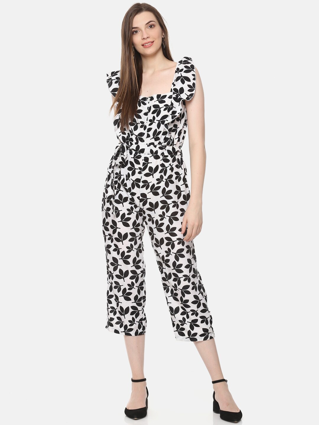 

BAESD Floral Printed Ruffled Capri Jumpsuit, Black