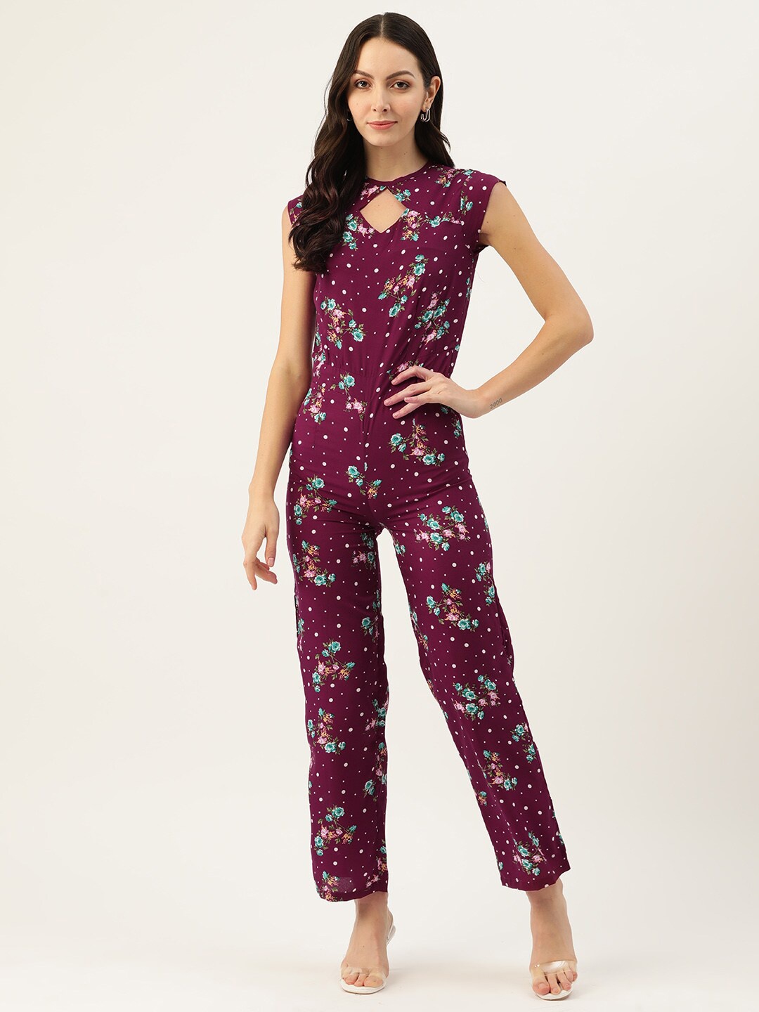 

BAESD Floral Printed Keyhole Neck Basic Jumpsuit, Magenta