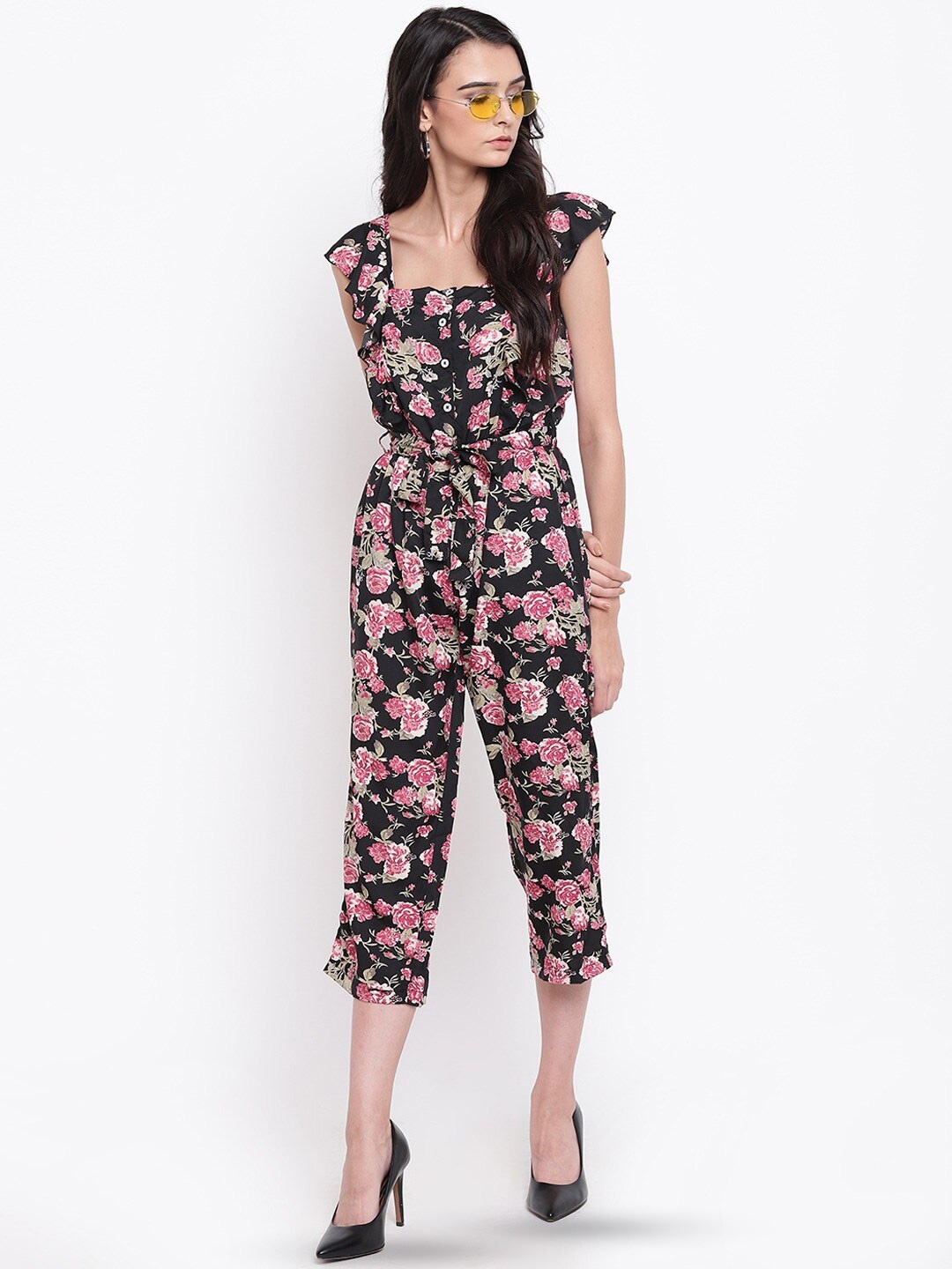 

BAESD Floral Printed Square Neck Capri Jumpsuit, Black