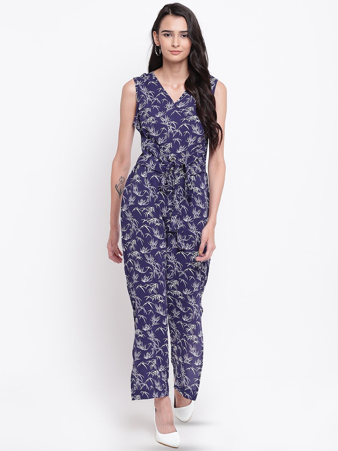 

BAESD Floral Printed V-Neck Basic Jumpsuit, Navy blue