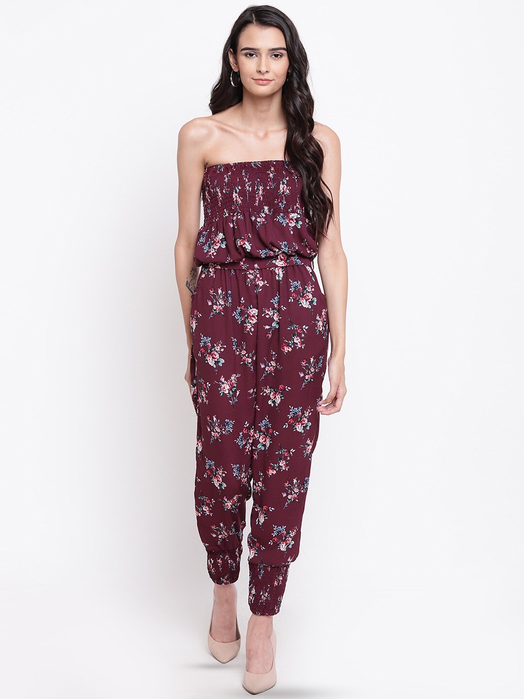 

BAESD Floral Printed Off-Shoulder Basic Jumpsuit, Brown