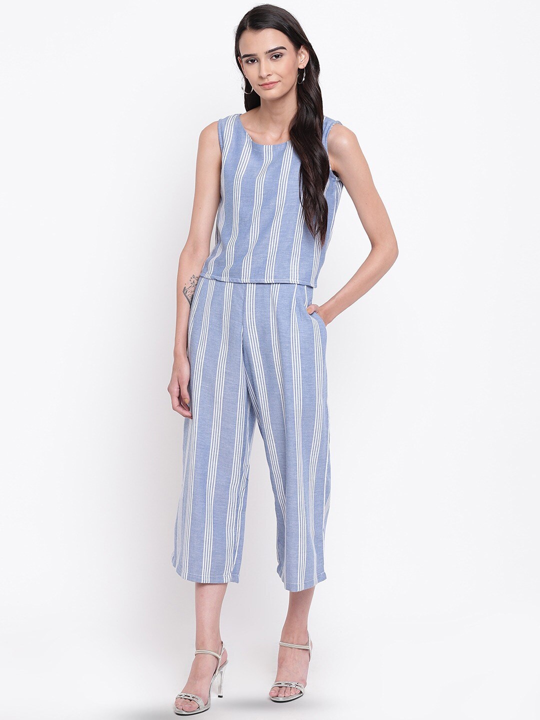 

BAESD Striped Top With Culottes Trousers, Blue