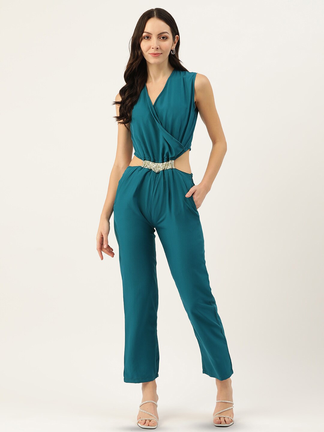 

BAESD V-Neck Cut Out Basic Jumpsuit, Teal