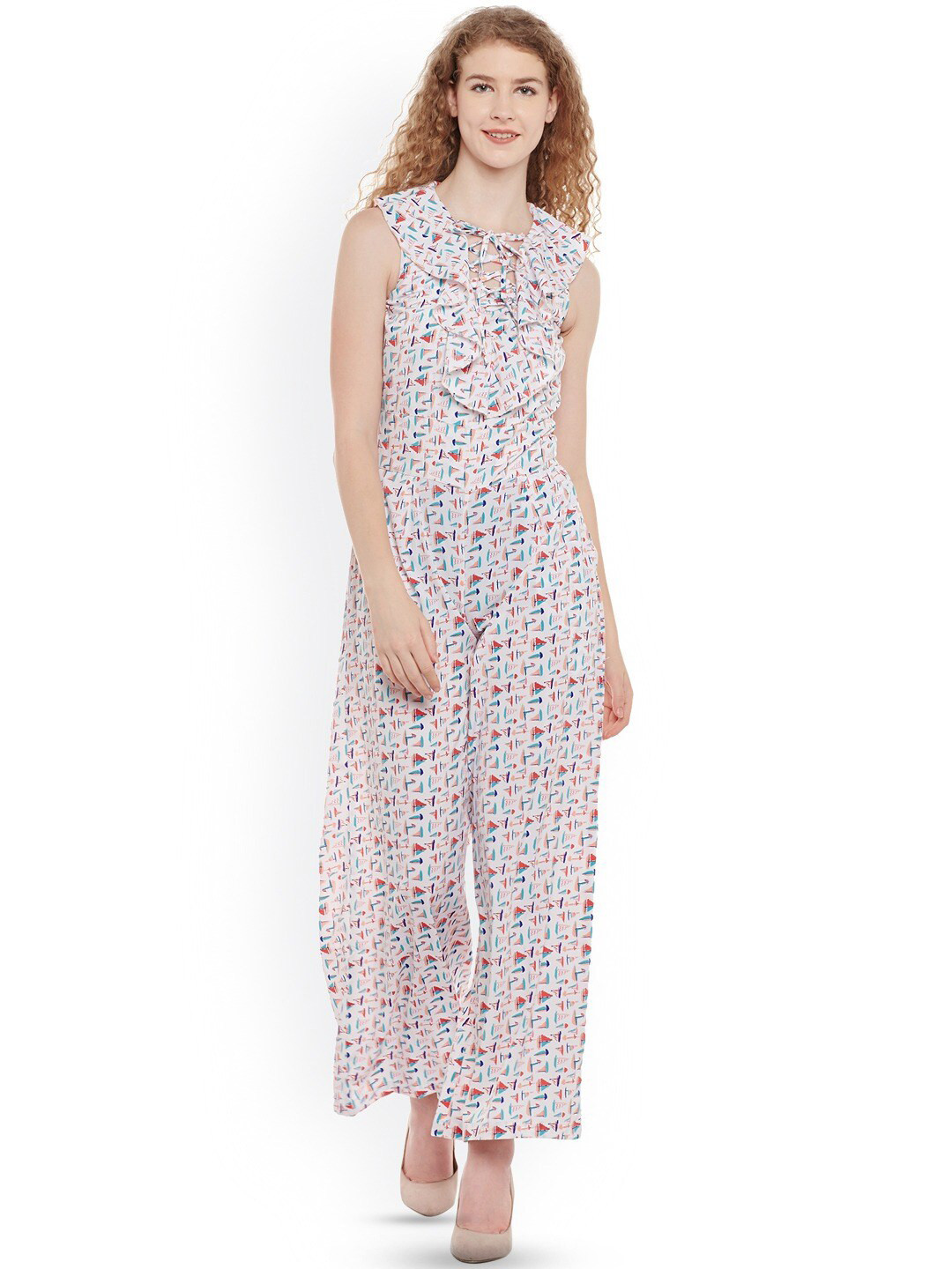 

BAESD Geometric Printed Ruffles Basic Jumpsuit, White