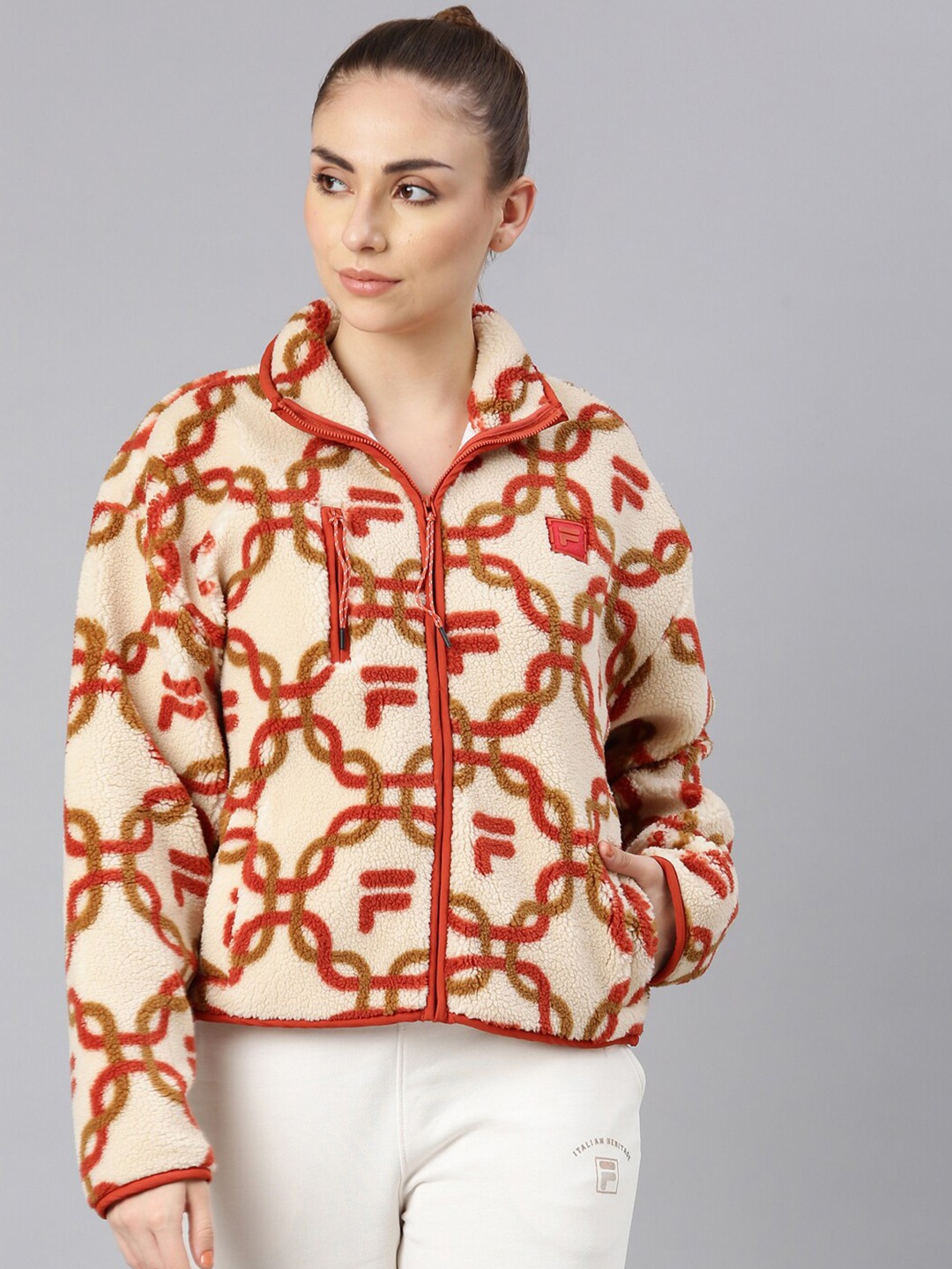

FILA Geometric Printed Mock Collar Cotton Crop Cardigan Sweater, Beige