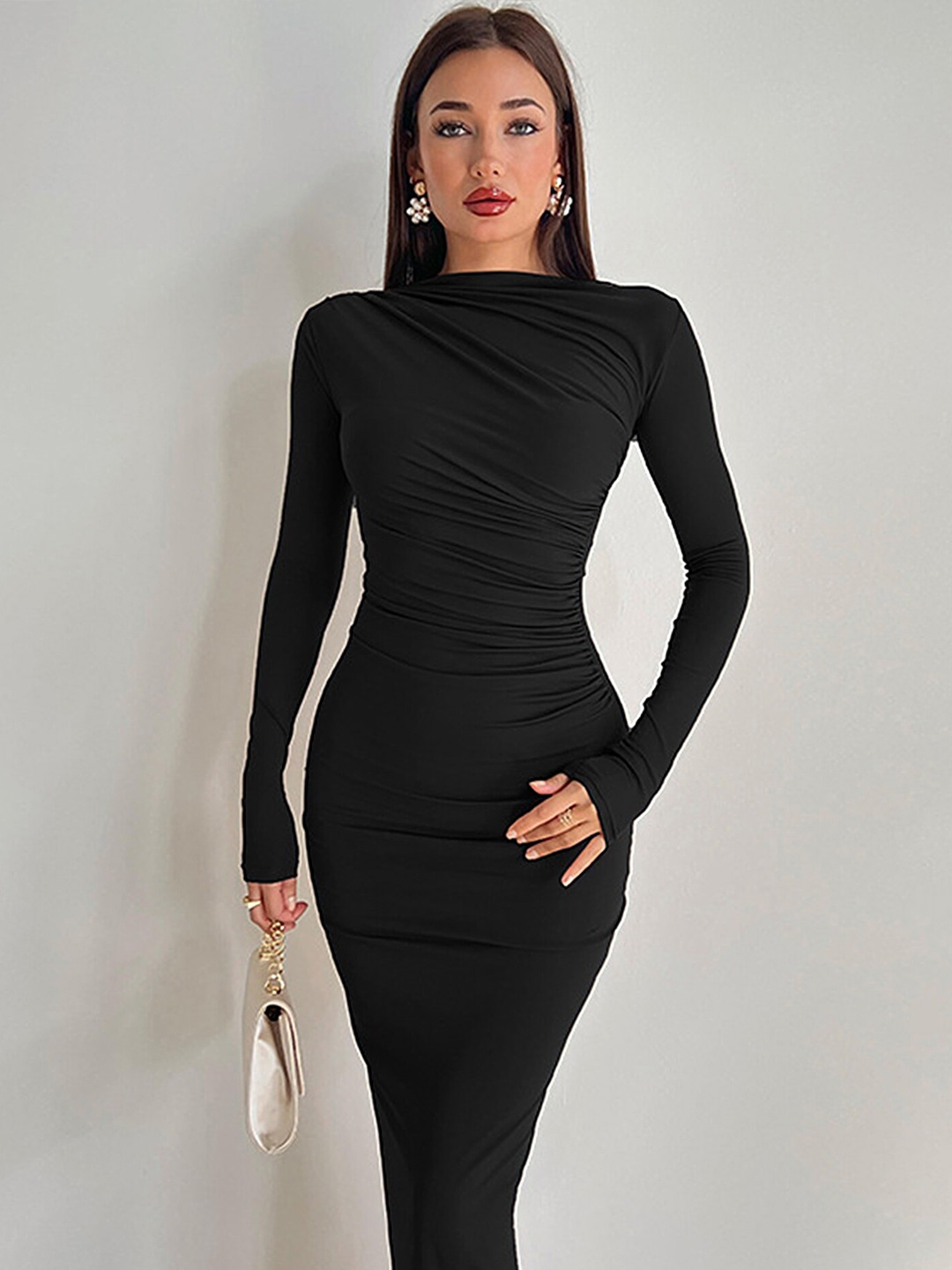 

LULU & SKY Boat Neck Gathered Bodycon Dress, Black