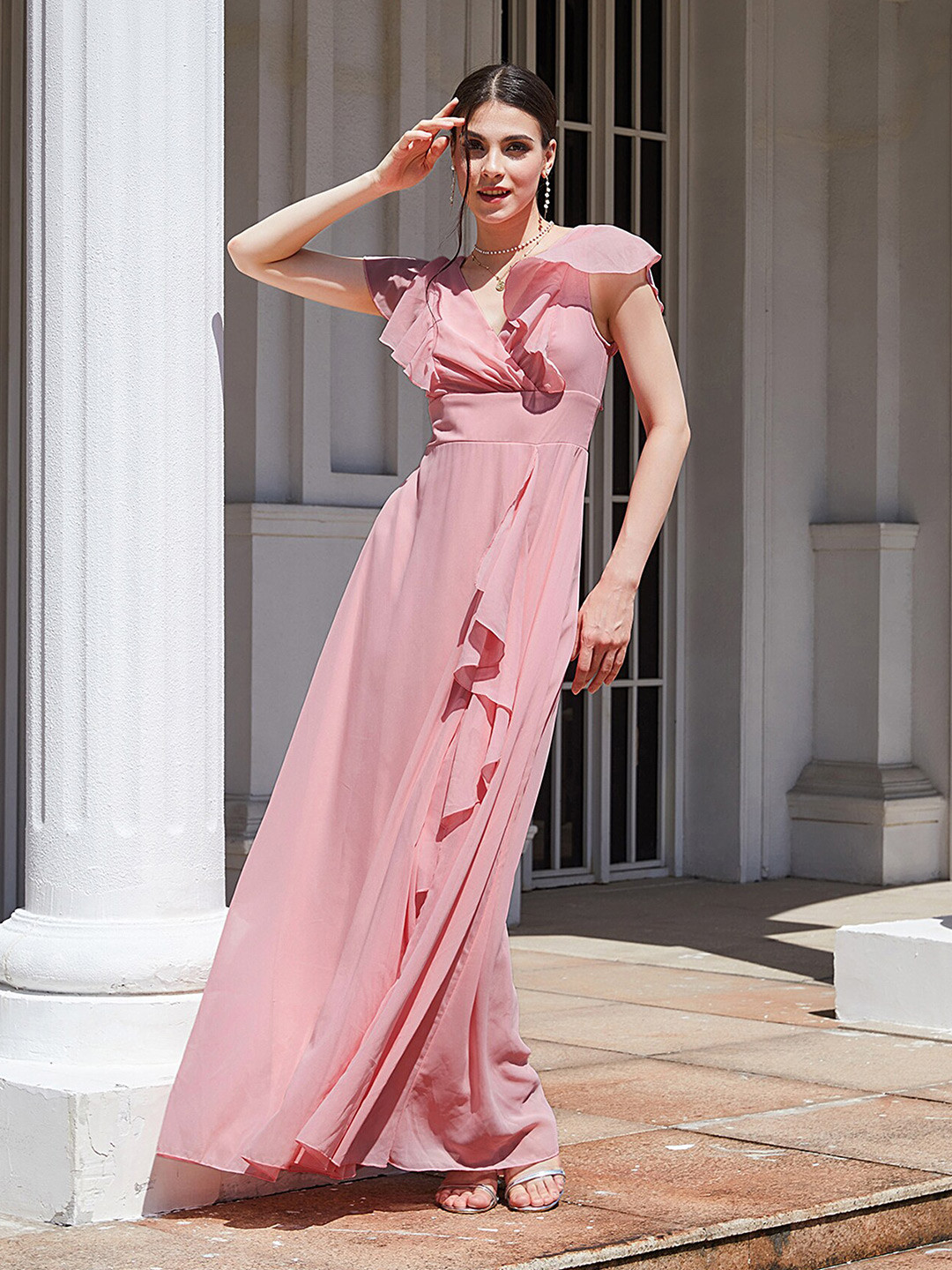 

LULU & SKY Flared Sleeve Ruffled Maxi Dress, Pink