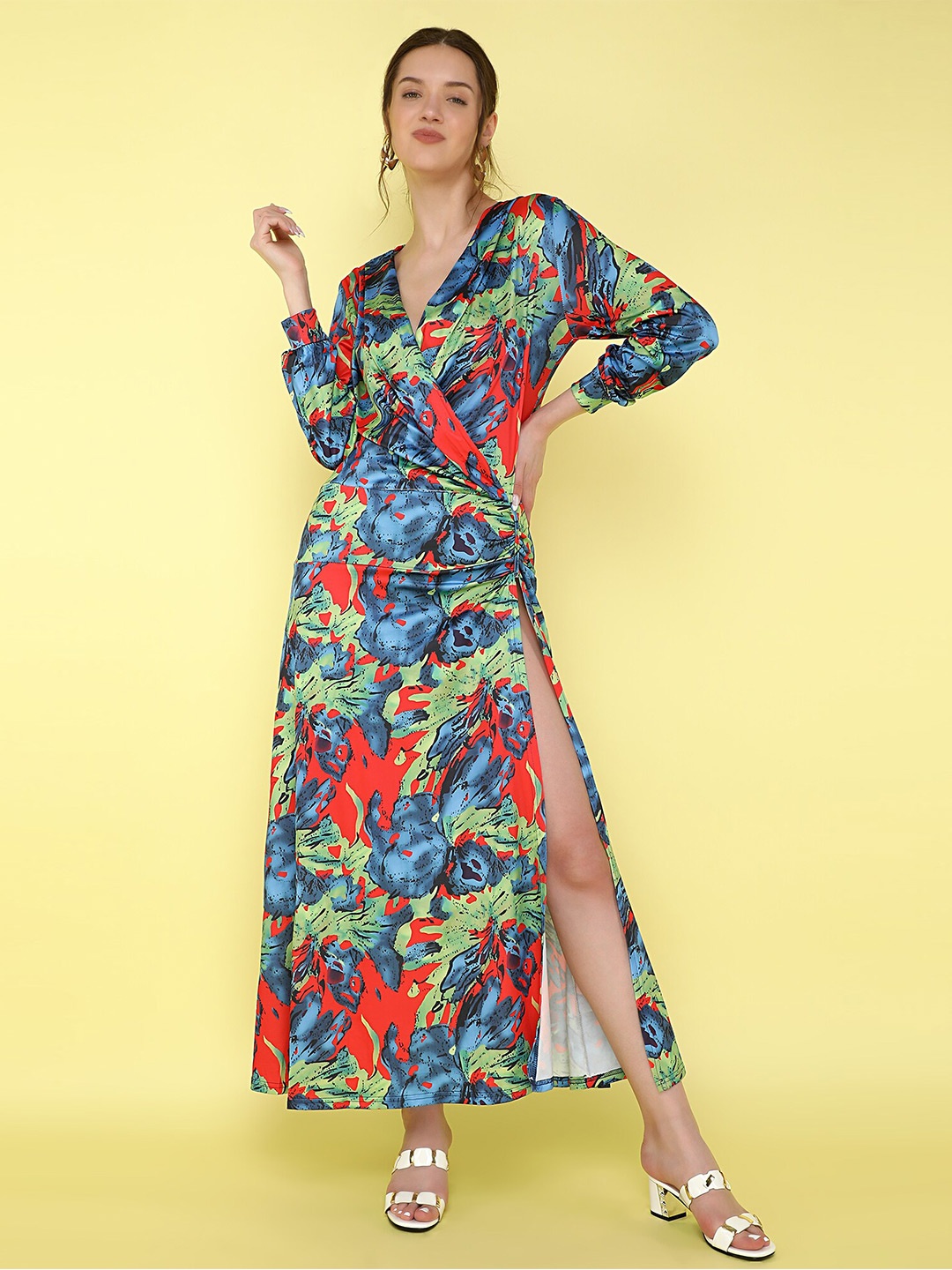 

LULU & SKY Abstract Printed Ruched Maxi Dress, Blue