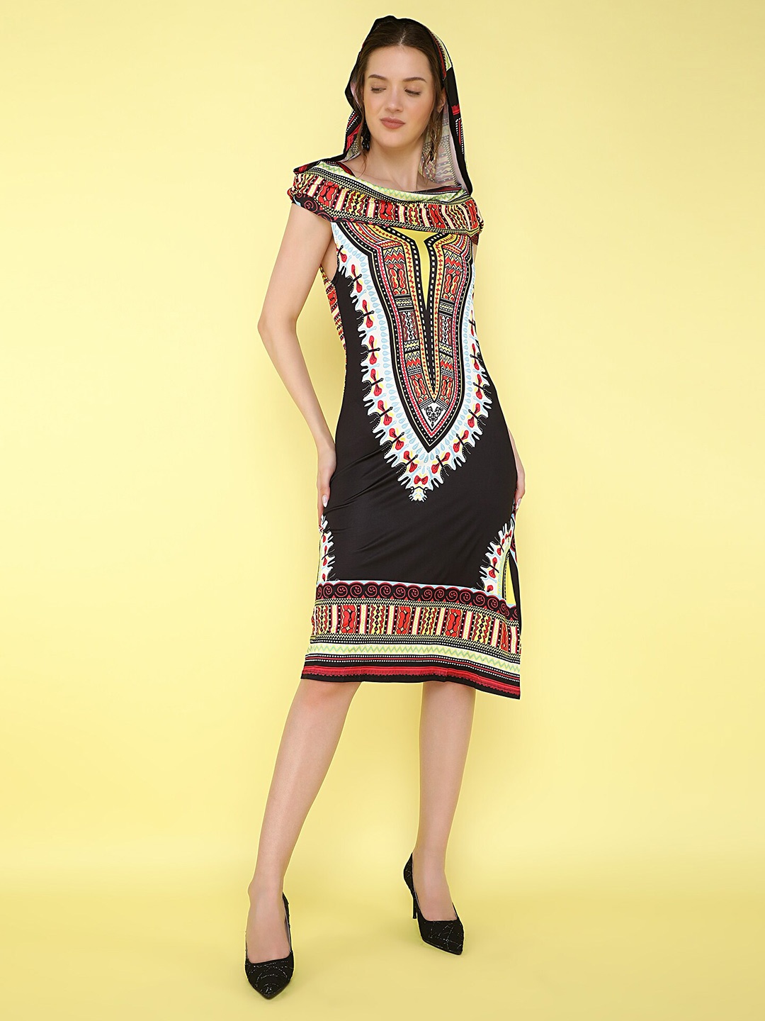 

LULU & SKY Geometric Printed Boat Neck Cap Sleeves Sheath Dress, Yellow