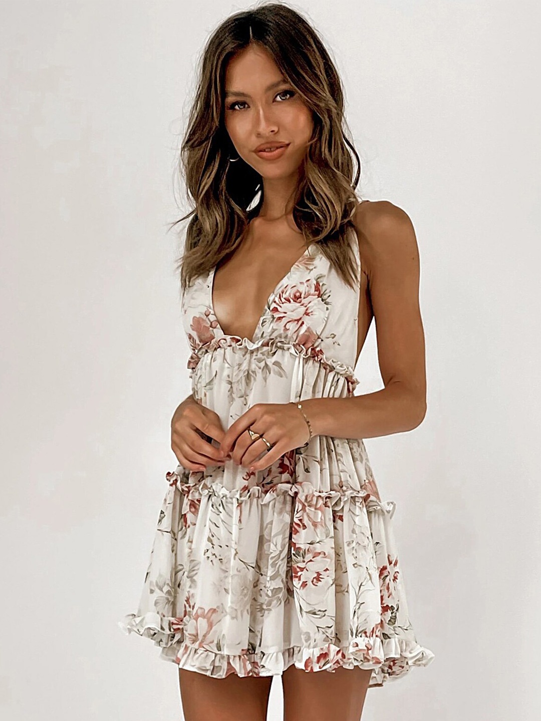 

LULU & SKY Floral Printed V-Neck A-Line Mini Dress, Beige