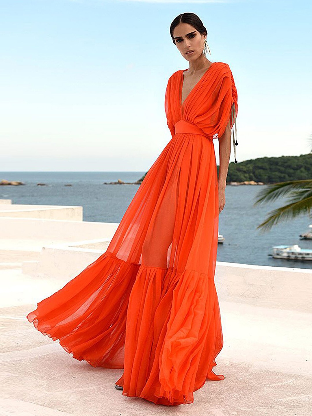 

LULU & SKY V-Neck Extended Sleeves Maxi Dress, Orange