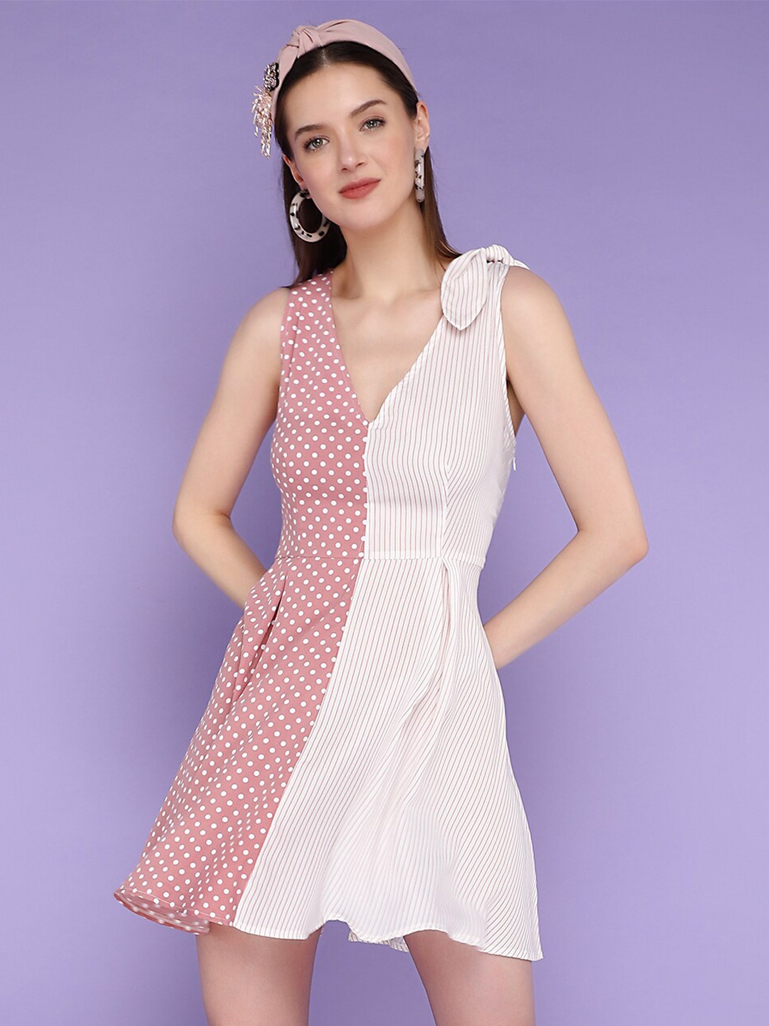 

LULU & SKY Polka Dot Printed V-Neck Fit & Flare Mini Dress, Pink