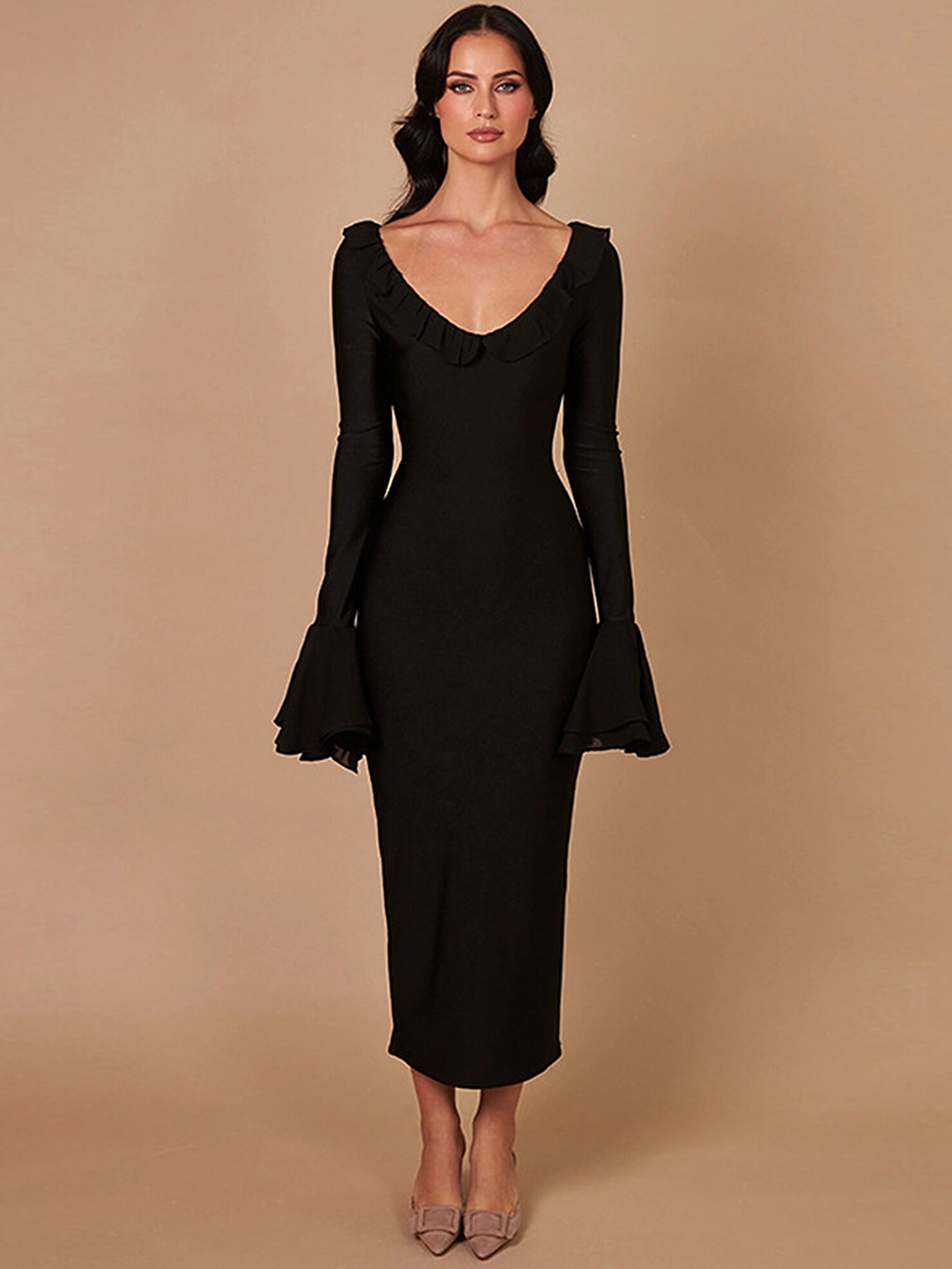 

LULU & SKY V-Neck Bell Sleeve Sheath Maxi Dress, Black
