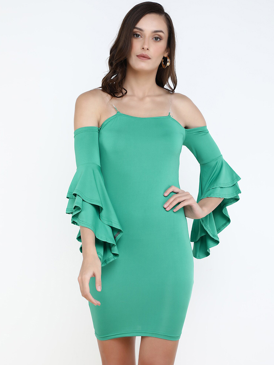 

LULU & SKY Shoulder Straps Bell Sleeve Bodycon Dress, Green
