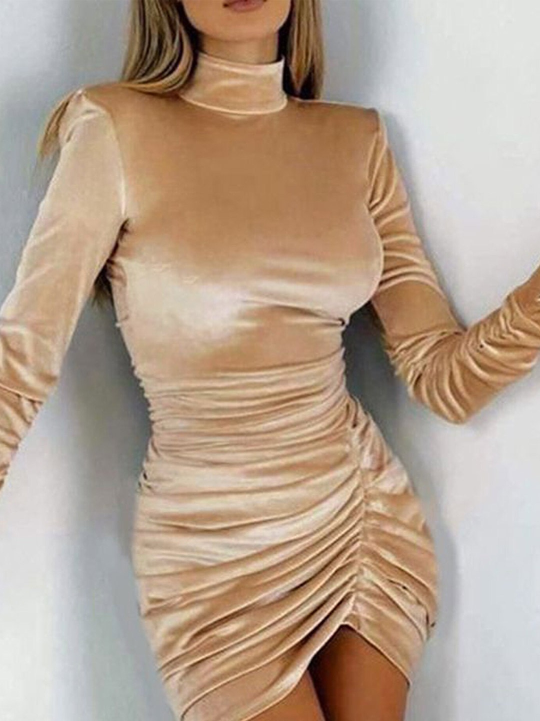 

LULU & SKY Beige High Neck Bodycon Mini Dress