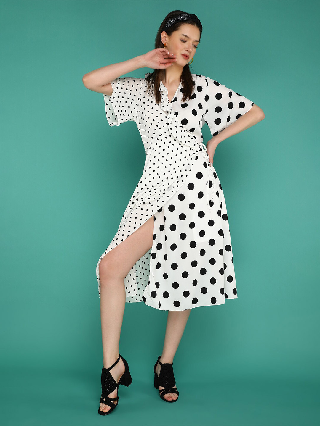 

LULU & SKY Polka Dots Printed Flared Sleeves Wrap Midi Dress, White