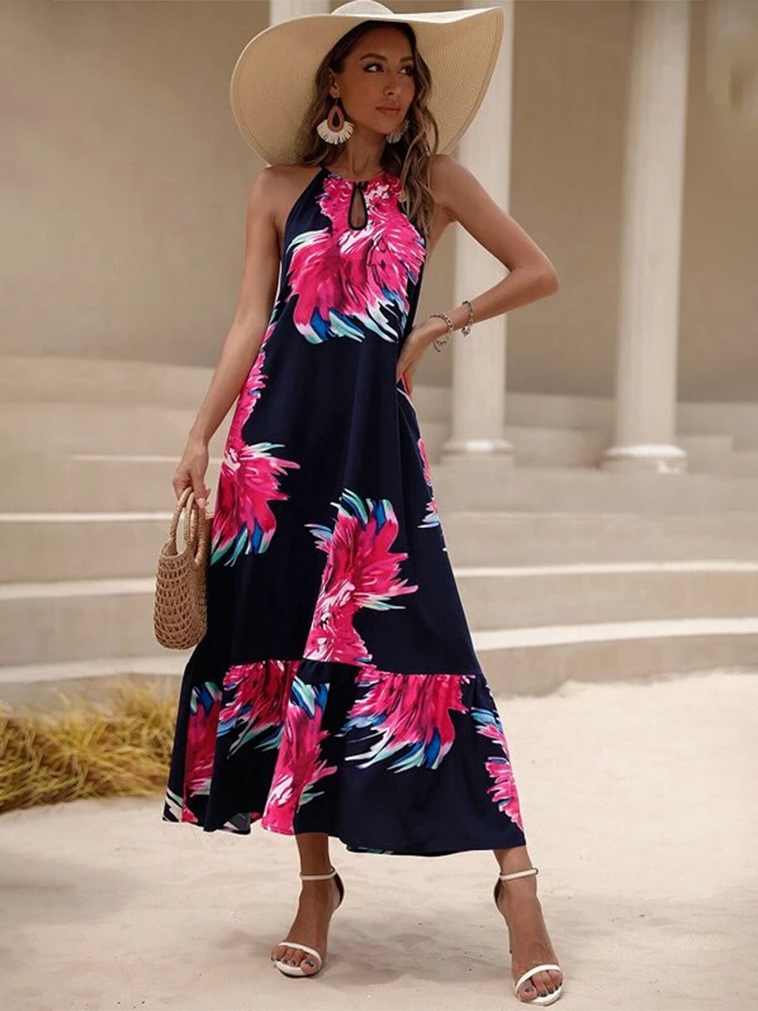 

LULU & SKY Floral Printed Halter Neck Sleeveless Maxi Dress, Navy blue