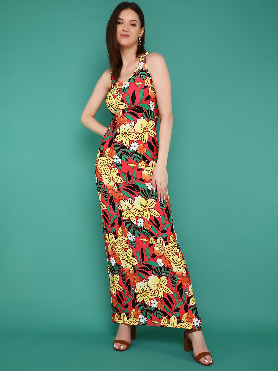 

LULU & SKY Floral Printed Shoulder Straps Sleeveless Maxi Dress, Red