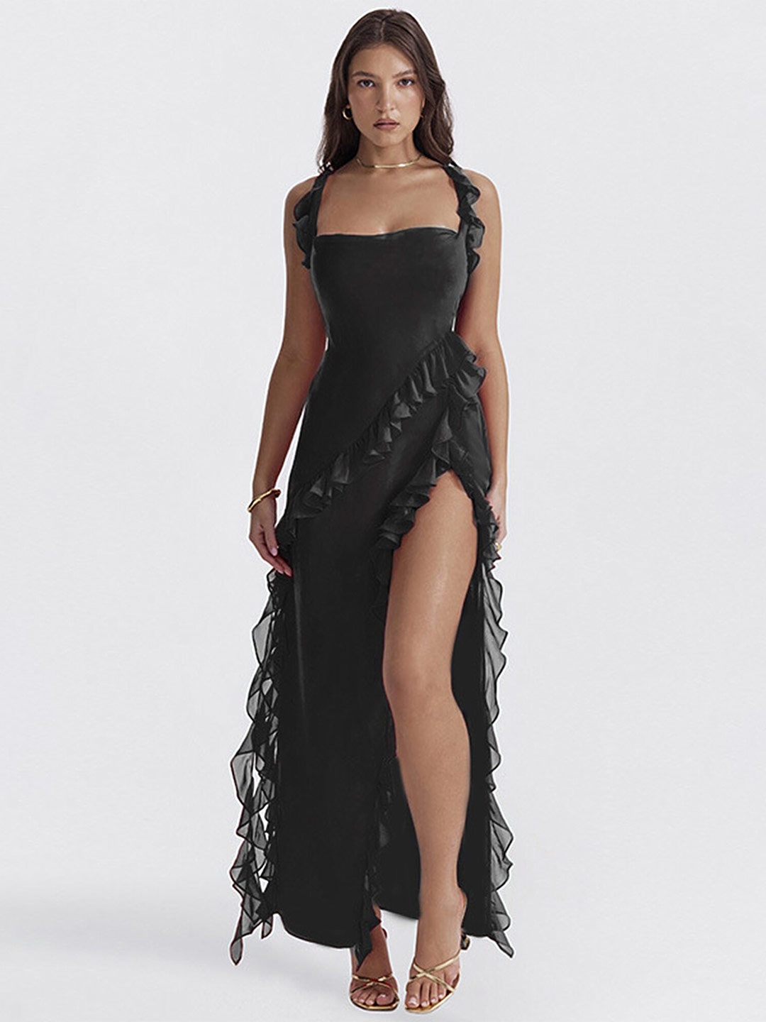 

LULU & SKY Shoulder Straps Ruffles Detail Maxi Dress, Black
