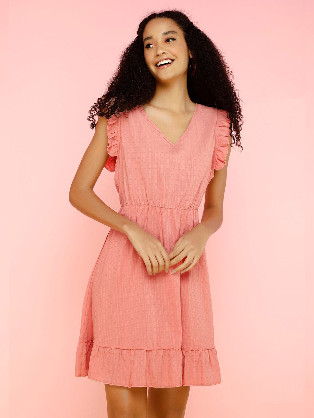

LULU & SKY Self Design V-Neck Flutter Sleeves A-Line Dress, Pink