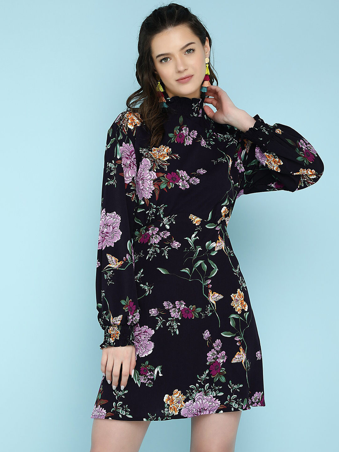 

LULU & SKY Floral Printed High Neck Puff Sleeves A-Line Dress, Purple