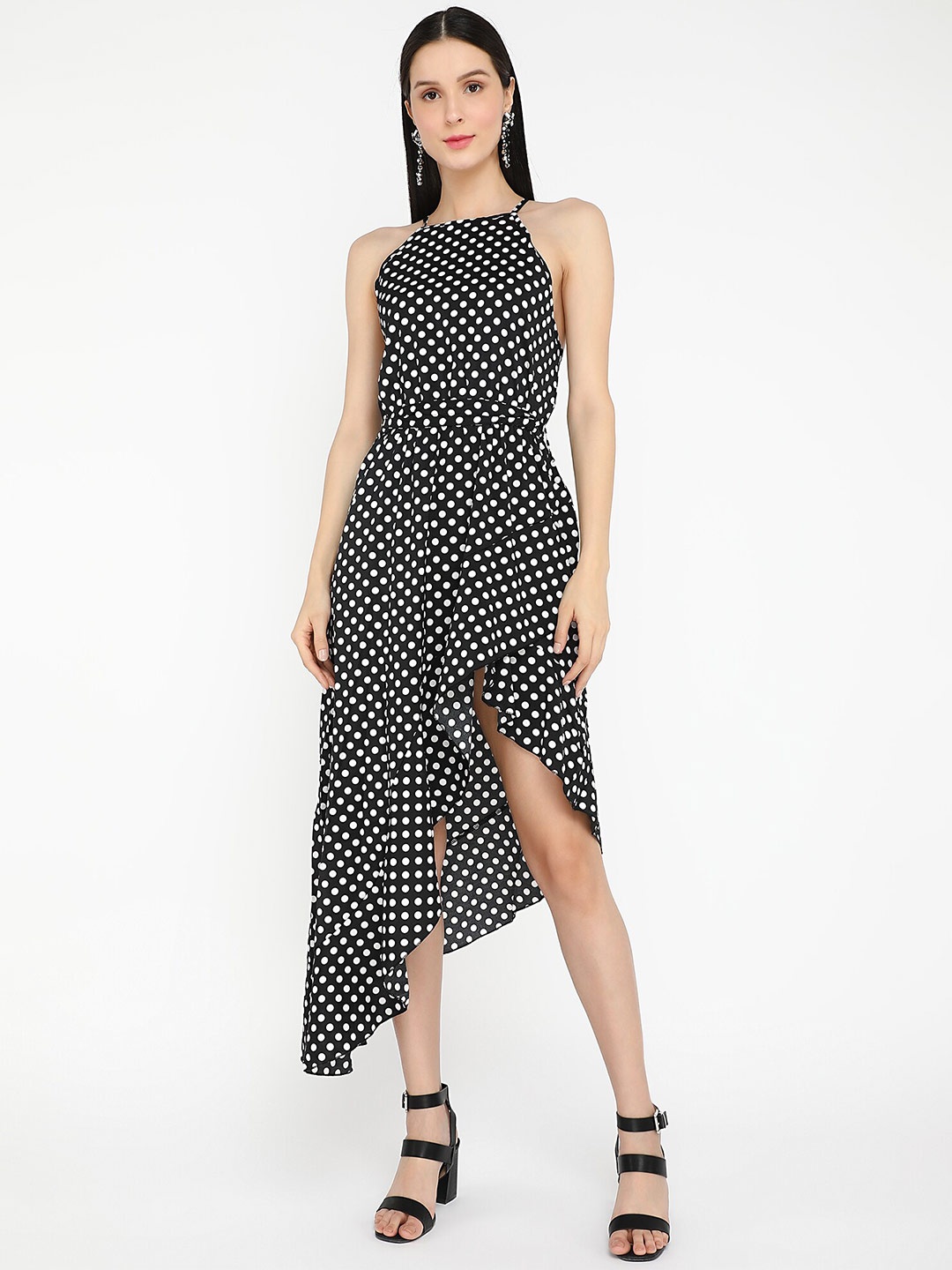 

LULU & SKY Polka Dots Printed Halter Neck A-Line Dress, Black