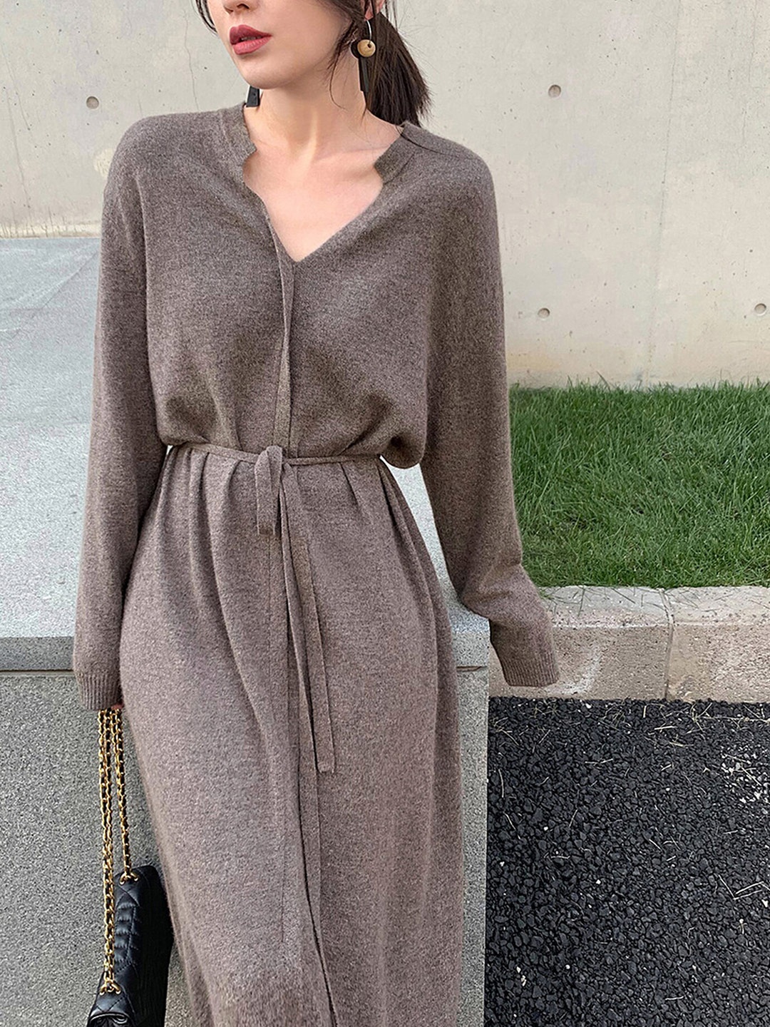 

LULU & SKY Cuffed Sleeves A-Line Midi Dress, Brown