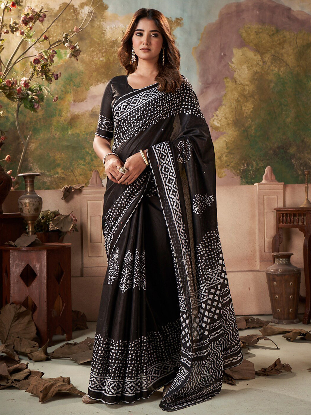 

Saree mall Bagh Block Print Poly Cotton Saree, Black
