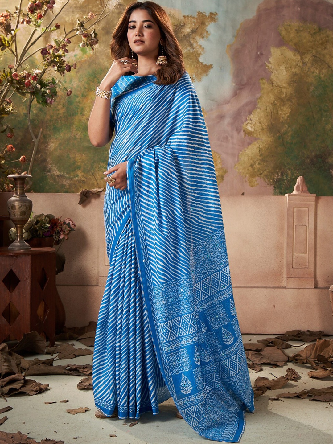 

Saree mall Leheriya Mirror Work Poly Cotton Designer Sarees, Blue