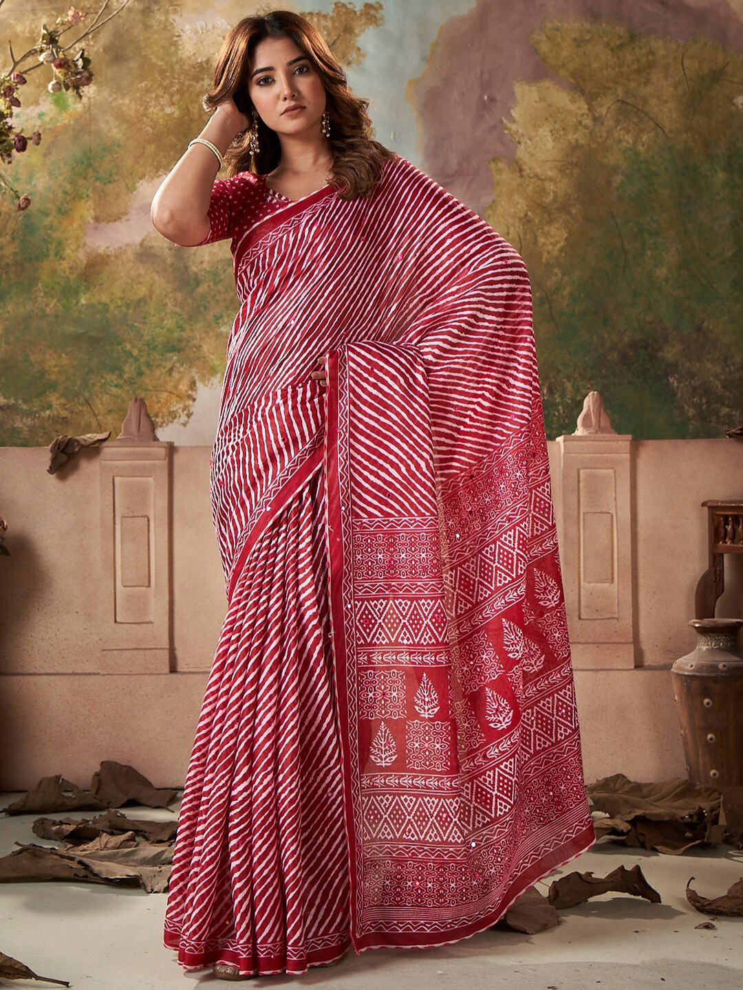 

Saree mall Leheriya Mirror Work Poly Cotton Saree, Red