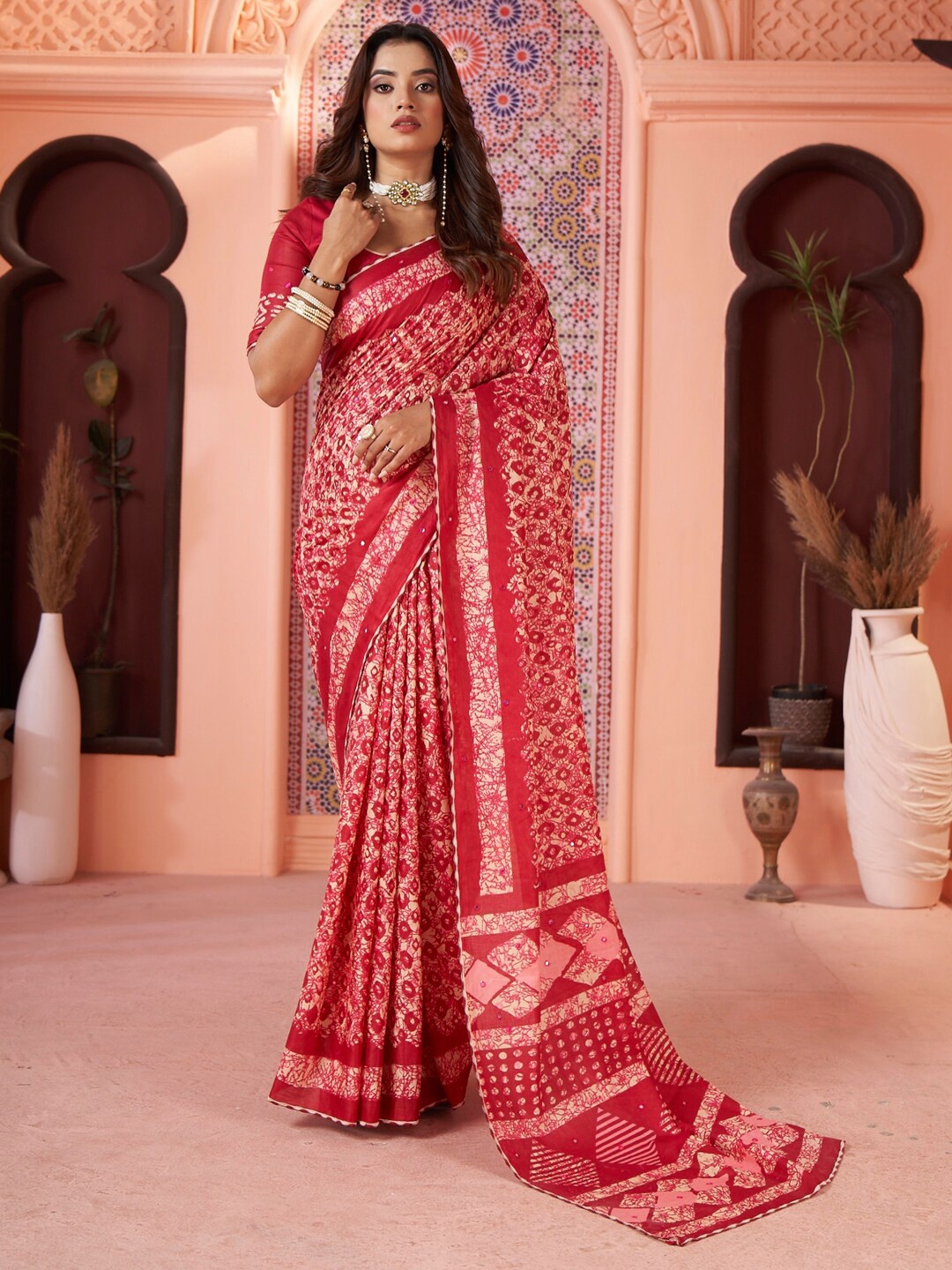

Saree mall Mirror Work Poly Cotton Designer Block Print Sarees, Red