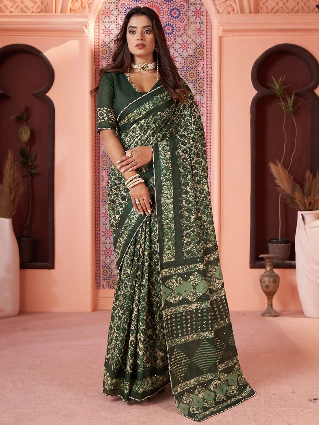

Saree mall Mirror Work Poly Cotton Designer Block Print Sarees, Green